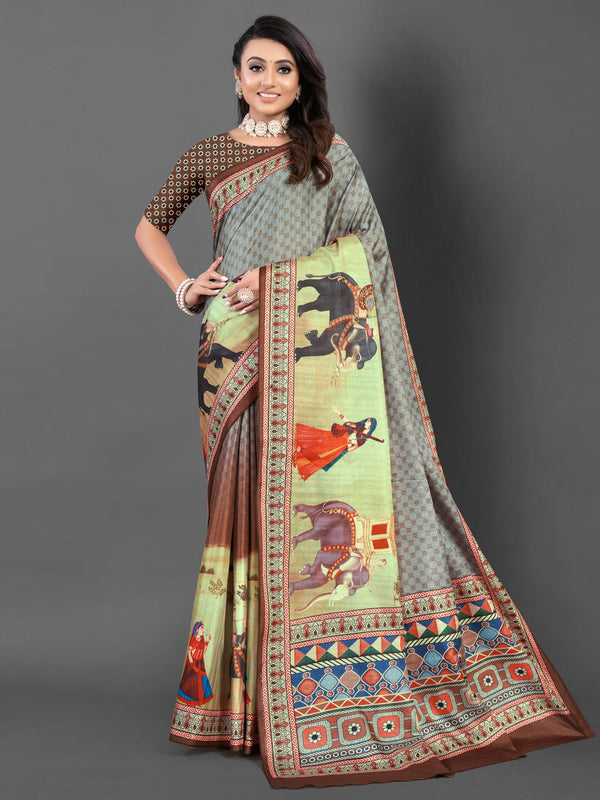 NOZ2TOZ Women's Silk Blend Grey Printed Designer Saree With Blouse Piece - Distacart