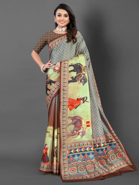 NOZ2TOZ Women's Silk Blend Grey Printed Designer Saree With Blouse Piece - Distacart