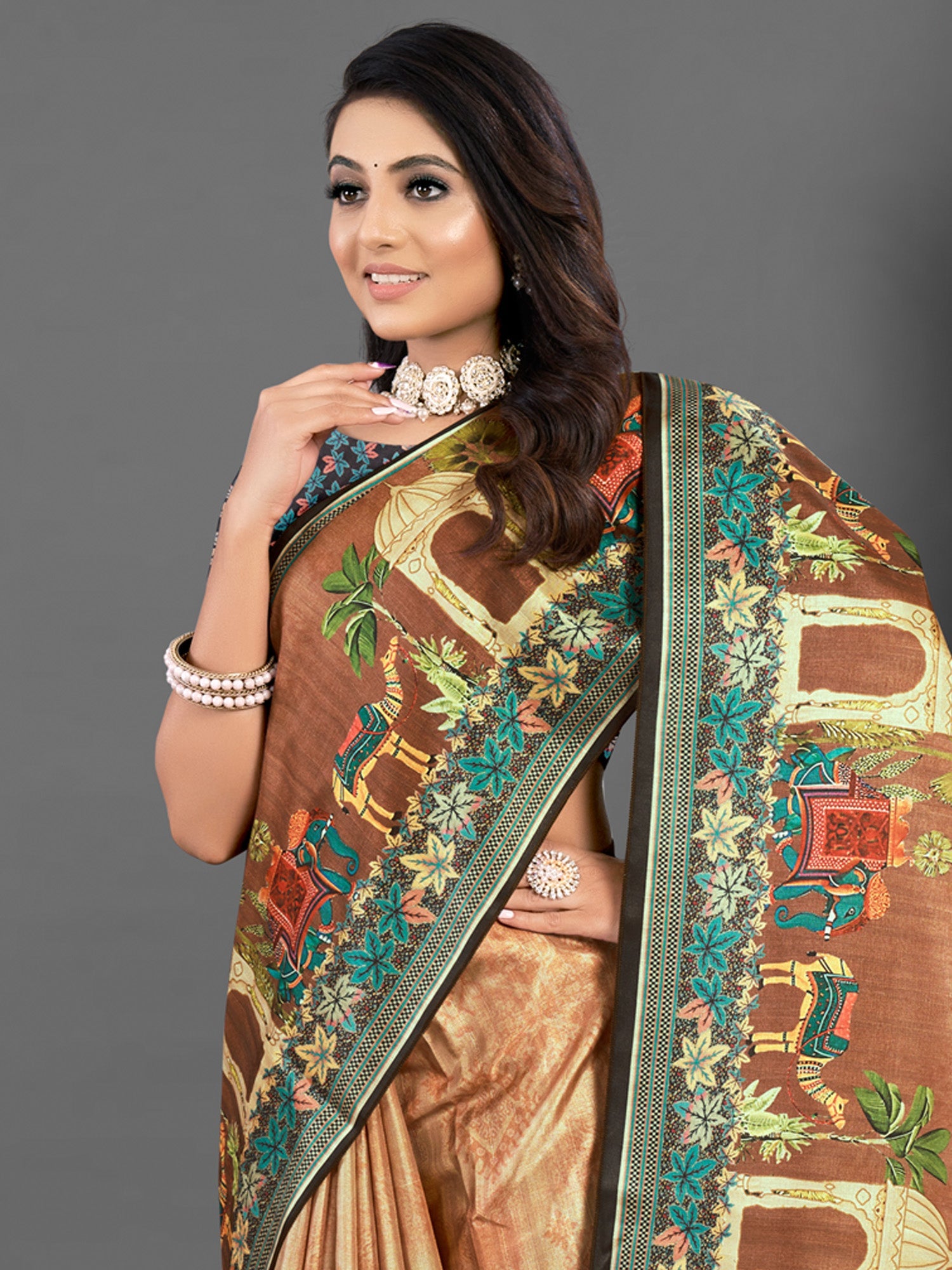 NOZ2TOZ Women's Silk Blend Brown Printed Designer Saree With Blouse Piece - Distacart
