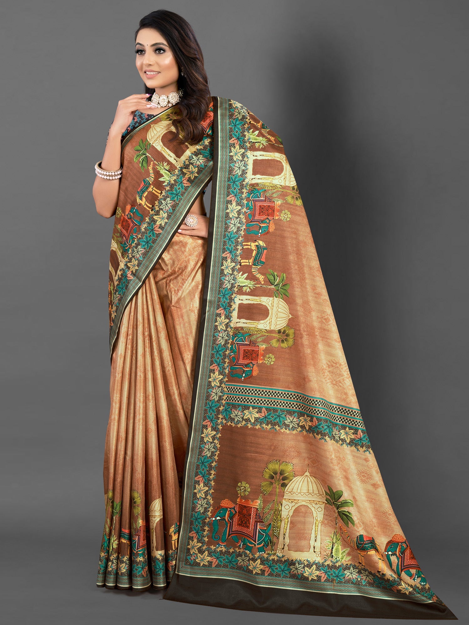 NOZ2TOZ Women's Silk Blend Brown Printed Designer Saree With Blouse Piece - Distacart