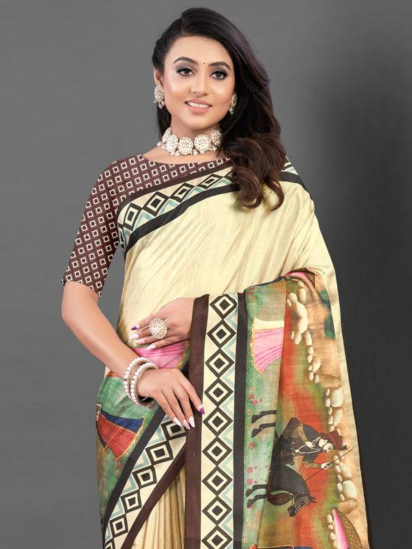 NOZ2TOZ Women's Silk Blend Beige Printed Designer Saree With Blouse Piece - Distacart