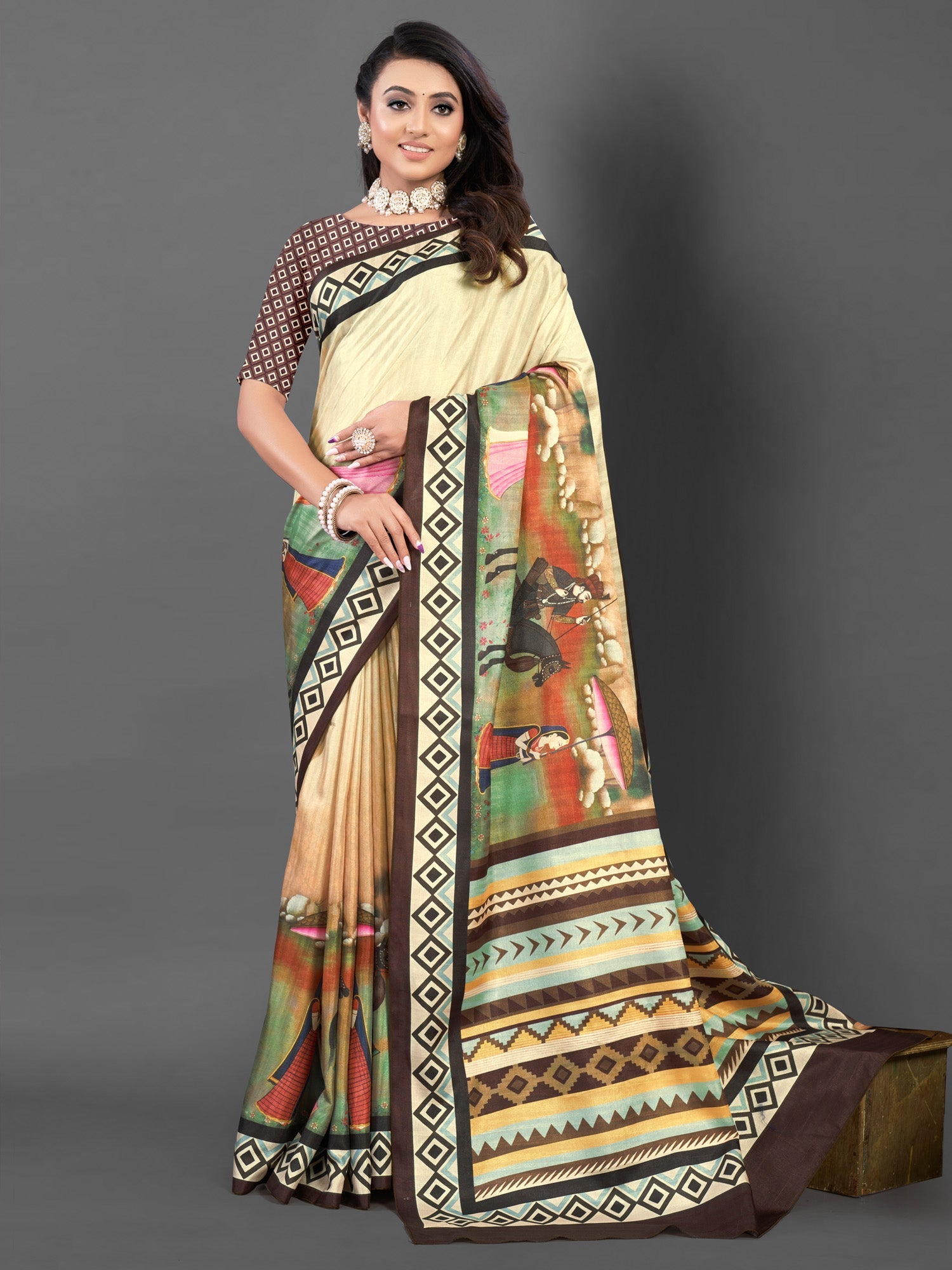 NOZ2TOZ Women's Silk Blend Beige Printed Designer Saree With Blouse Piece - Distacart