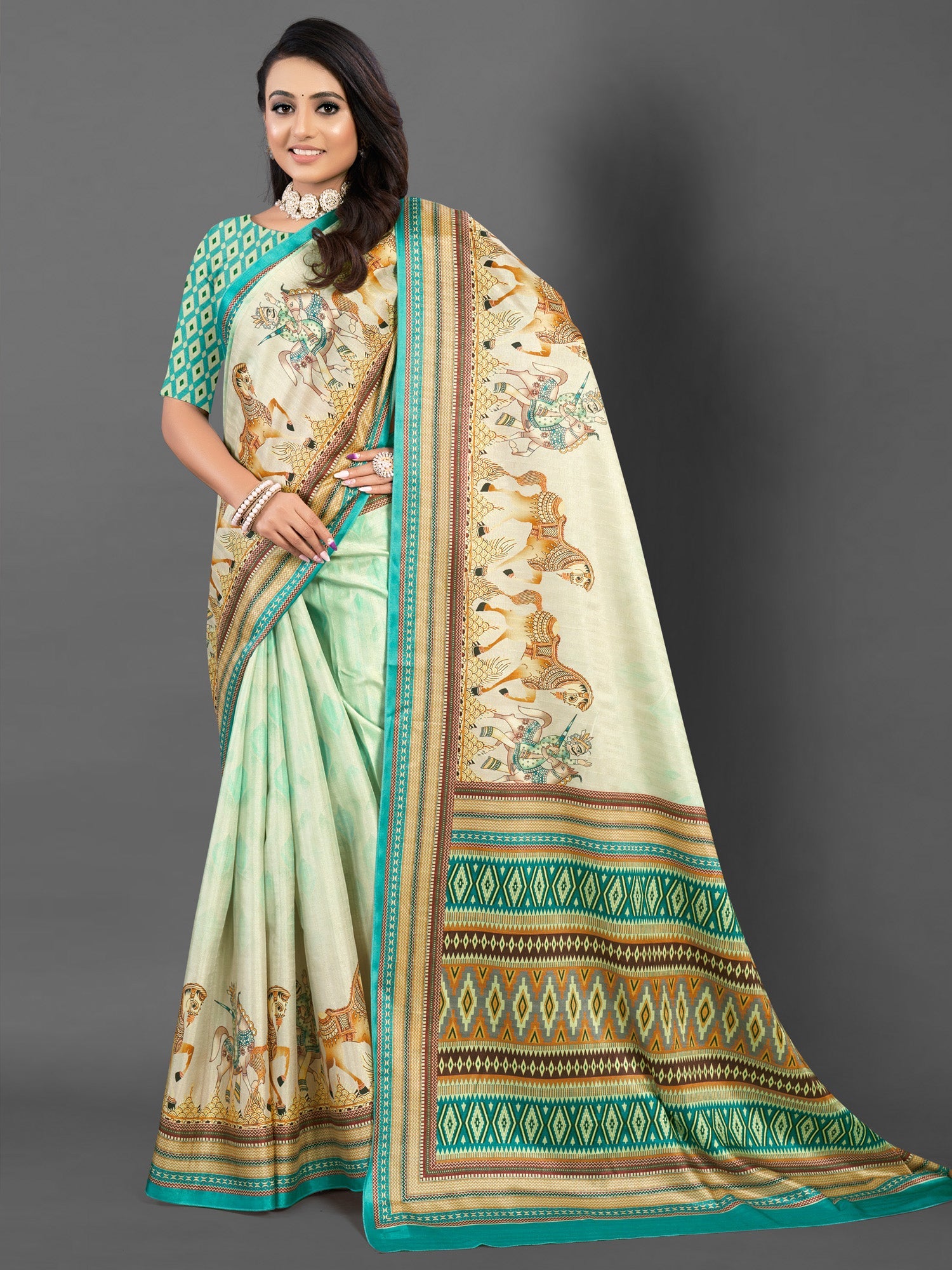NOZ2TOZ Women's Silk Blend Beige Printed Designer Saree With Blouse Piece - Distacart