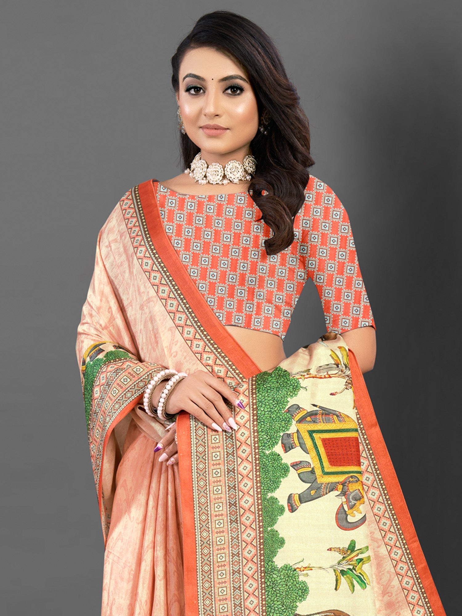 NOZ2TOZ Women's Silk Blend Peach Printed Designer Saree With Blouse Piece - Distacart