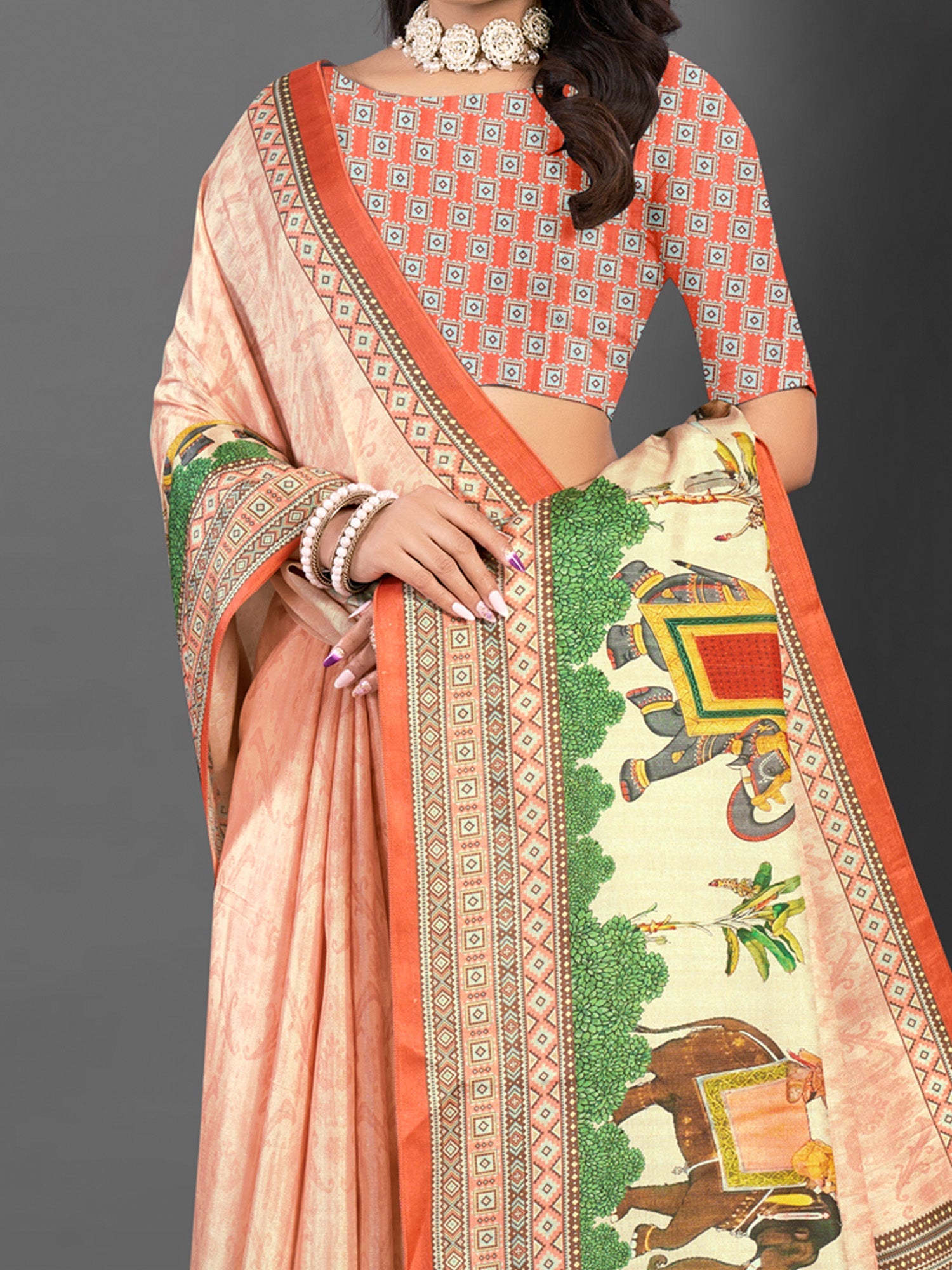 NOZ2TOZ Women's Silk Blend Peach Printed Designer Saree With Blouse Piece - Distacart