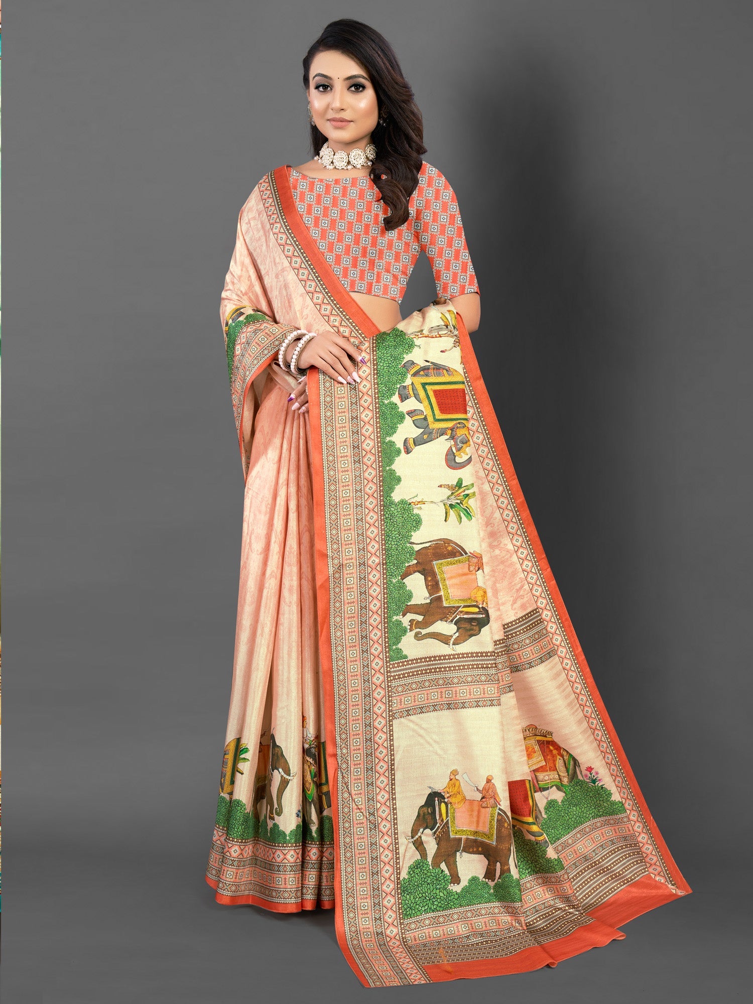 NOZ2TOZ Women's Silk Blend Peach Printed Designer Saree With Blouse Piece - Distacart