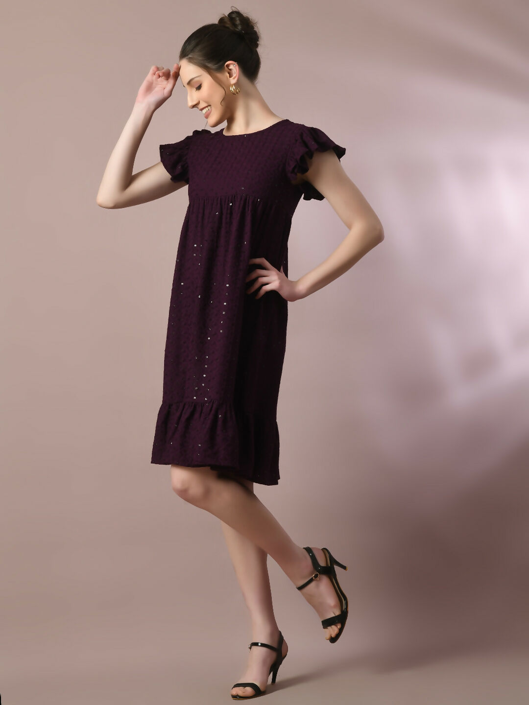 Myshka Women's Violet Embroidered Cotton Round Neck A-Line Party Dress - Distacart