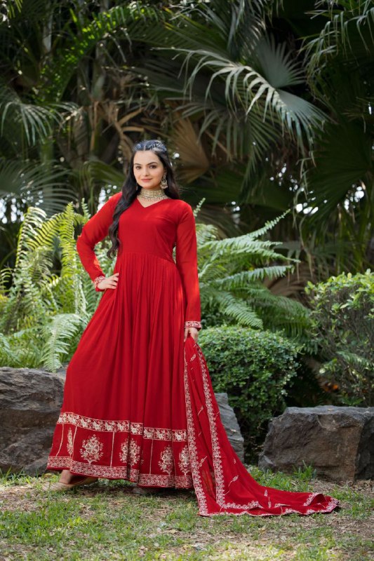 Prazu Fashion Red Faux Georgette Embroidered Gown With Dupatta