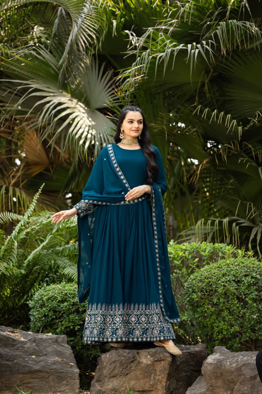 Prazu Fashion Rama Blue Faux Georgette Embroidered Gown With Dupatta