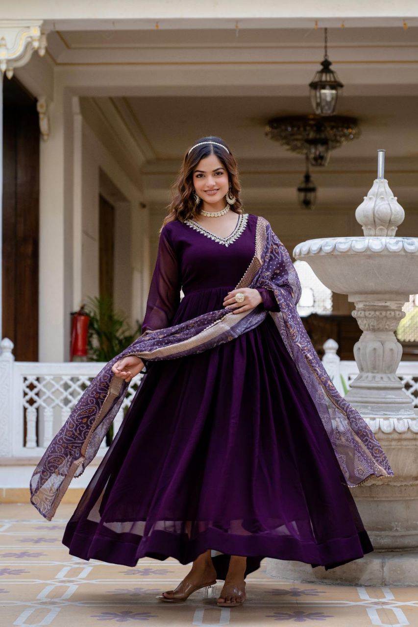 Prazu Fashion Wine Faux Georgette Pearl Handwork Gown With Dupatta