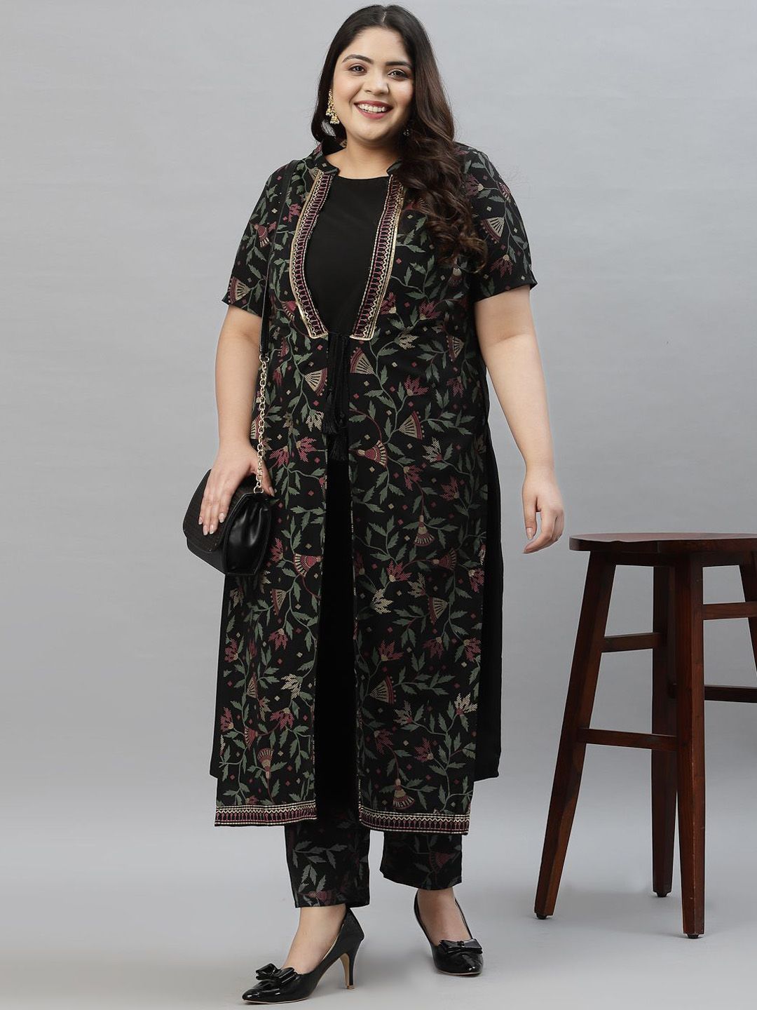 Sztori Plus Size Floral Foil Printed Mandarin Collar A-Line Kurta With Trouser - Distacart