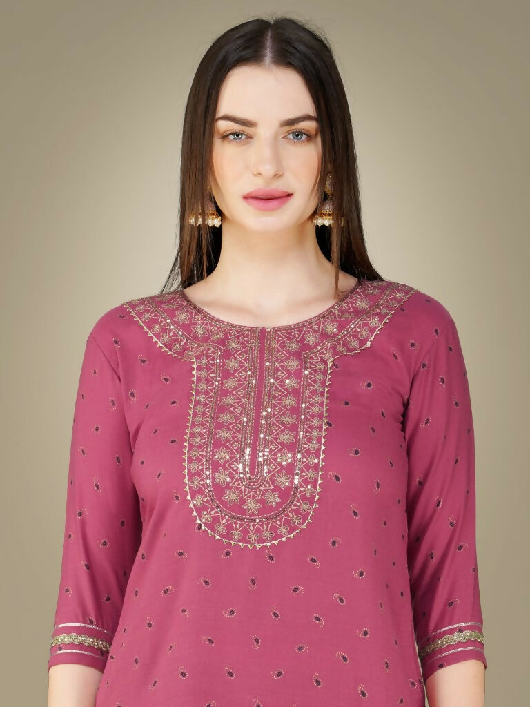 Jyoti Fashion Women's Wine Cotton Magic Slub Embroidery & Sequence work Kurta with Trouser & Dupatta - Distacart
