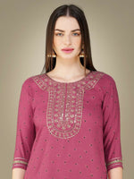Thumbnail for Jyoti Fashion Women's Wine Cotton Magic Slub Embroidery & Sequence work Kurta with Trouser & Dupatta - Distacart