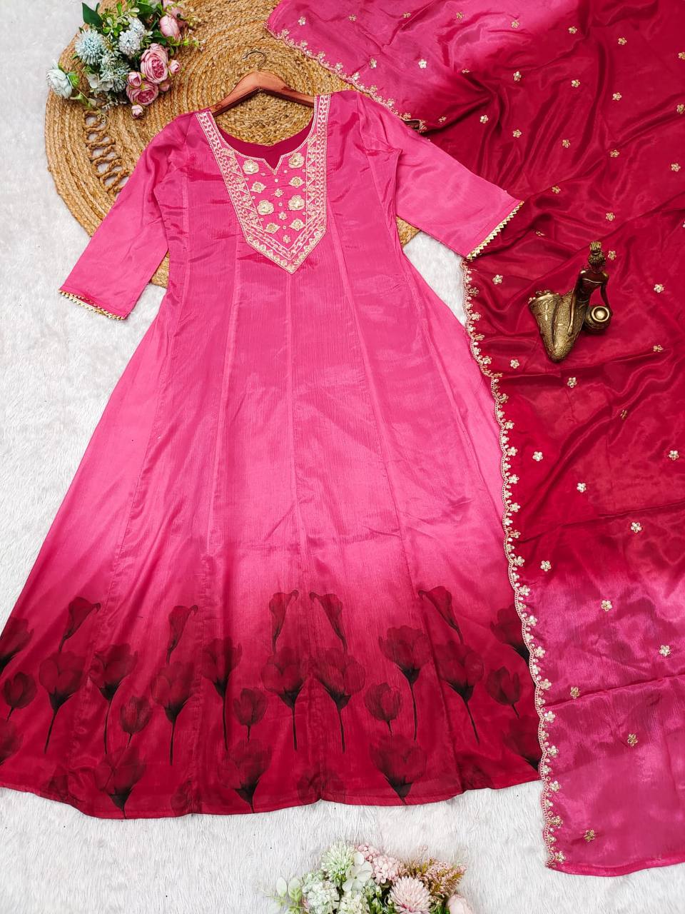 Malishka Women's Pink Chinon Embroidered Anarkali Kurta With Dupatta - Distacart