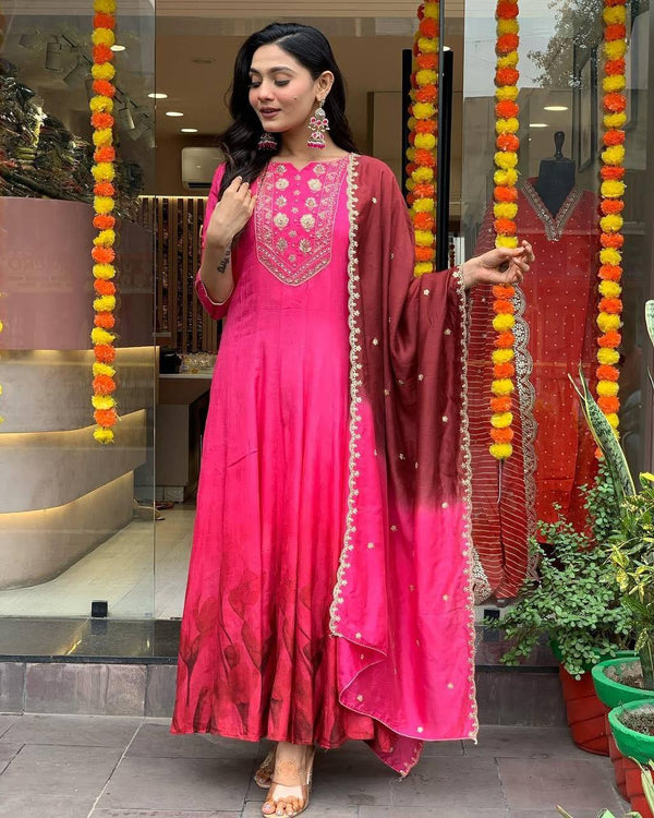 Malishka Women's Pink Chinon Embroidered Anarkali Kurta With Dupatta - Distacart