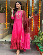 Thumbnail for Malishka Women's Pink Chinon Embroidered Anarkali Kurta With Dupatta - Distacart
