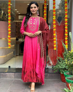 Thumbnail for Malishka Women's Pink Chinon Embroidered Anarkali Kurta With Dupatta - Distacart