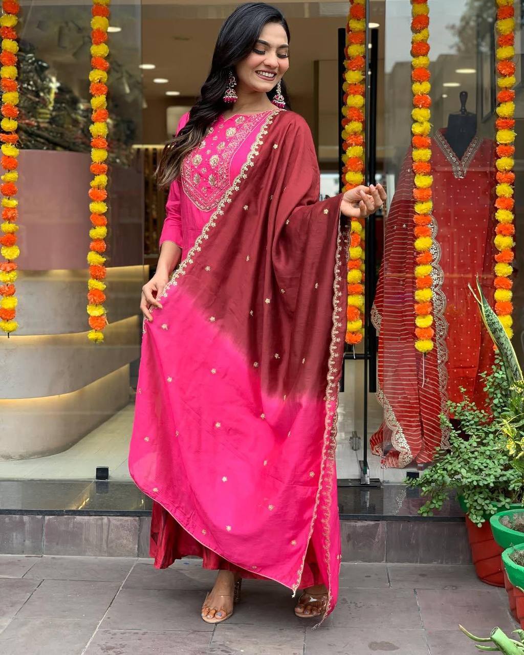 Malishka Women's Pink Chinon Embroidered Anarkali Kurta With Dupatta - Distacart