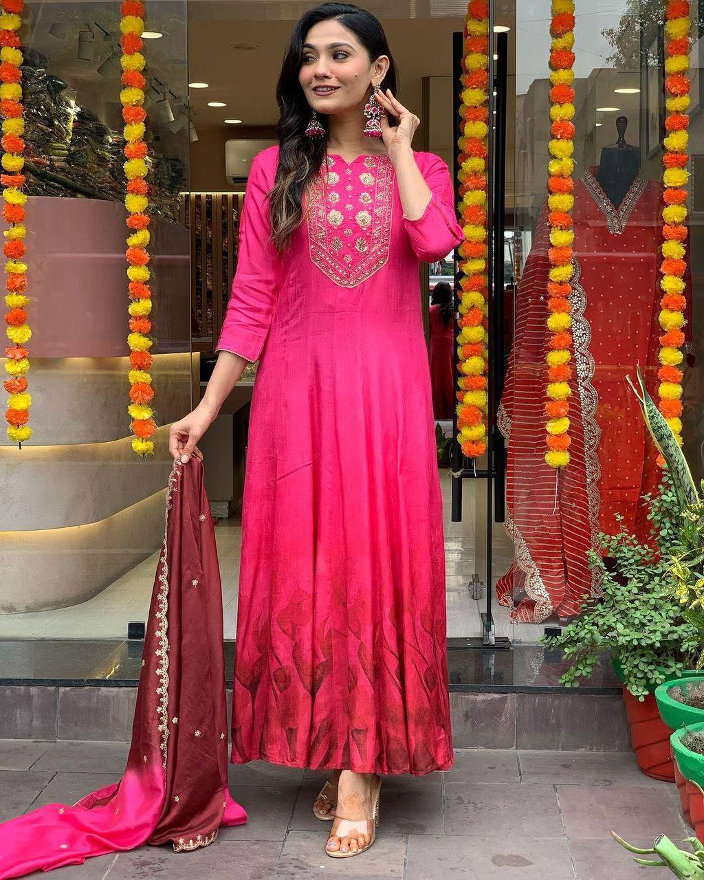 Malishka Women's Pink Chinon Embroidered Anarkali Kurta With Dupatta - Distacart