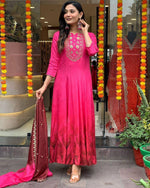Thumbnail for Malishka Women's Pink Chinon Embroidered Anarkali Kurta With Dupatta - Distacart