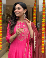 Thumbnail for Malishka Women's Pink Chinon Embroidered Anarkali Kurta With Dupatta - Distacart