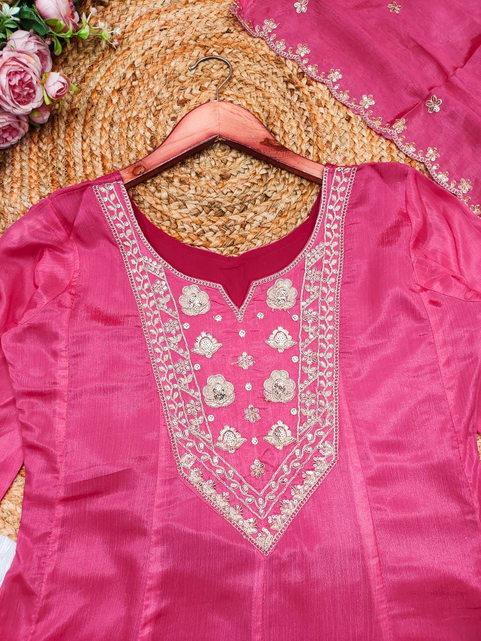 Malishka Women's Pink Chinon Embroidered Anarkali Kurta With Dupatta - Distacart