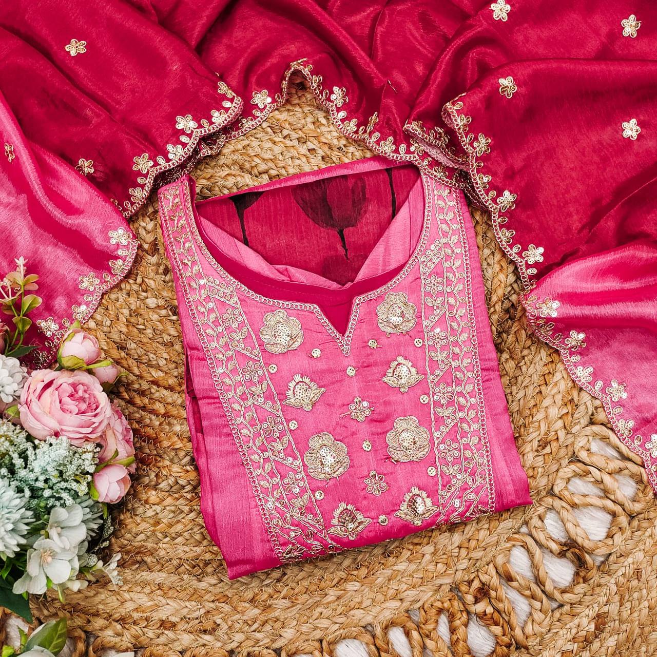 Malishka Women's Pink Chinon Embroidered Anarkali Kurta With Dupatta - Distacart