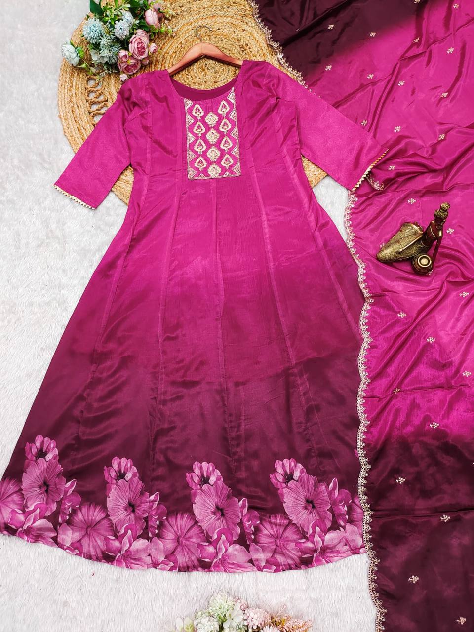 Malishka Women's Purple Chinon Embroidered Anarkali Kurta With Dupatta - Distacart
