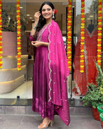 Thumbnail for Malishka Women's Purple Chinon Embroidered Anarkali Kurta With Dupatta - Distacart