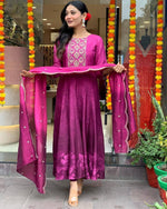 Thumbnail for Malishka Women's Purple Chinon Embroidered Anarkali Kurta With Dupatta - Distacart