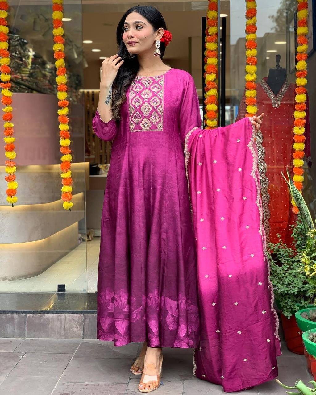 Malishka Women's Purple Chinon Embroidered Anarkali Kurta With Dupatta - Distacart