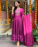 Thumbnail for Malishka Women's Purple Chinon Embroidered Anarkali Kurta With Dupatta - Distacart