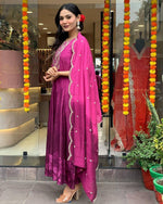 Thumbnail for Malishka Women's Purple Chinon Embroidered Anarkali Kurta With Dupatta - Distacart