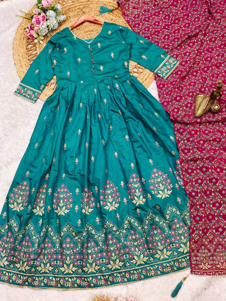 Malishka Women's Green Roman Silk Foil Print Anarkali Kurta With Dupatta - Distacart
