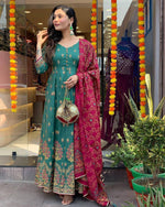 Thumbnail for Malishka Women's Green Roman Silk Foil Print Anarkali Kurta With Dupatta - Distacart