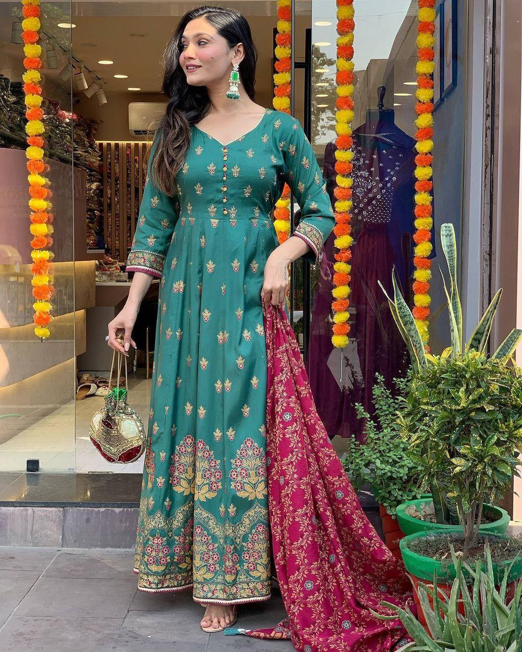 Malishka Women's Green Roman Silk Foil Print Anarkali Kurta With Dupatta - Distacart