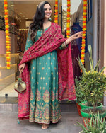 Thumbnail for Malishka Women's Green Roman Silk Foil Print Anarkali Kurta With Dupatta - Distacart