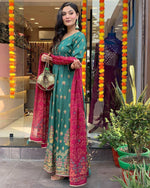 Thumbnail for Malishka Women's Green Roman Silk Foil Print Anarkali Kurta With Dupatta - Distacart
