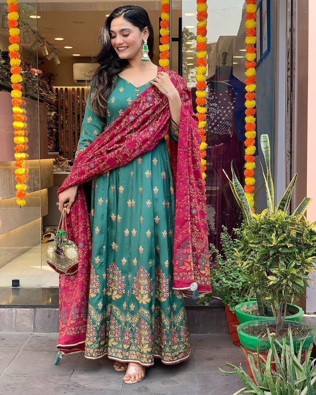 Malishka Women's Green Roman Silk Foil Print Anarkali Kurta With Dupatta - Distacart