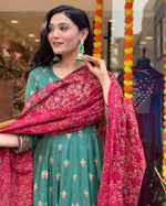 Thumbnail for Malishka Women's Green Roman Silk Foil Print Anarkali Kurta With Dupatta - Distacart