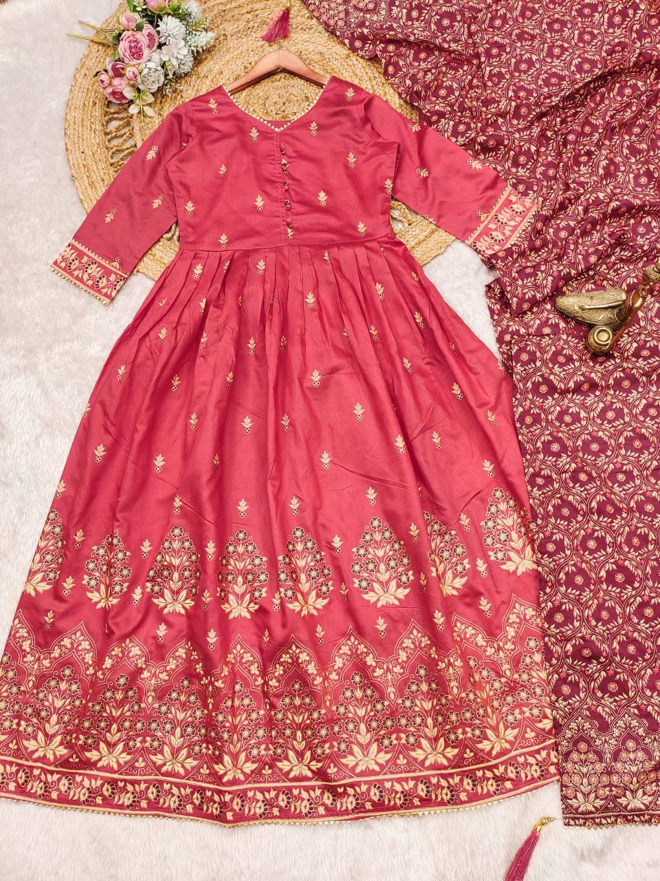 Malishka Women's Orange Roman Silk Foil Print Anarkali Kurta With Dupatta - Distacart