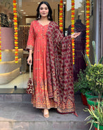 Thumbnail for Malishka Women's Orange Roman Silk Foil Print Anarkali Kurta With Dupatta - Distacart