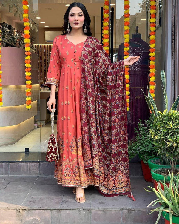 Malishka Women's Orange Roman Silk Foil Print Anarkali Kurta With Dupatta - Distacart