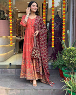 Thumbnail for Malishka Women's Orange Roman Silk Foil Print Anarkali Kurta With Dupatta - Distacart