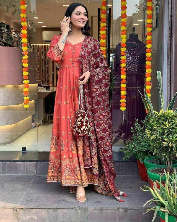 Malishka Women's Orange Roman Silk Foil Print Anarkali Kurta With Dupatta - Distacart
