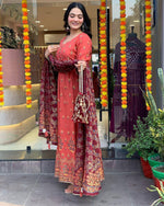 Thumbnail for Malishka Women's Orange Roman Silk Foil Print Anarkali Kurta With Dupatta - Distacart