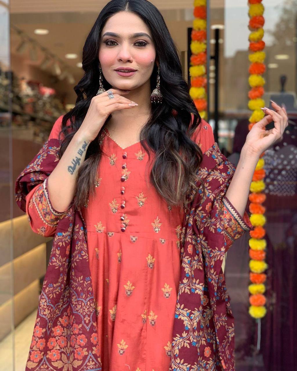 Malishka Women's Orange Roman Silk Foil Print Anarkali Kurta With Dupatta - Distacart