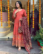 Thumbnail for Malishka Women's Orange Roman Silk Foil Print Anarkali Kurta With Dupatta - Distacart