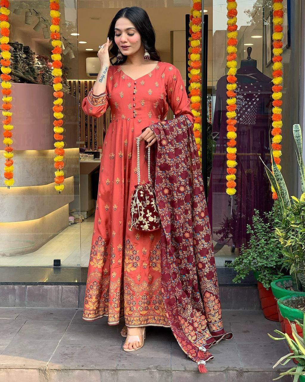 Malishka Women's Orange Roman Silk Foil Print Anarkali Kurta With Dupatta - Distacart