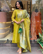Thumbnail for Malishka Women's Green Roman Silk Zari Weaving Straight Kurta Pant With Dupatta - Distacart
